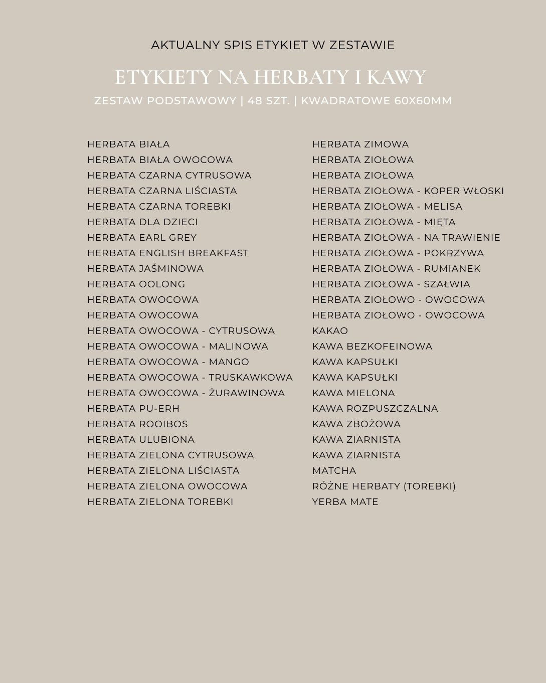 Etykiety na HERBATY I KAWY - 48 szt. | Białe | Kwadratowe