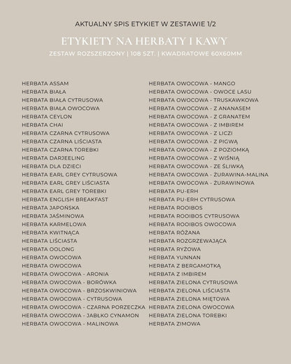 Etykiety na HERBATY I KAWY - 108 szt. | Czarne | Kwadratowe