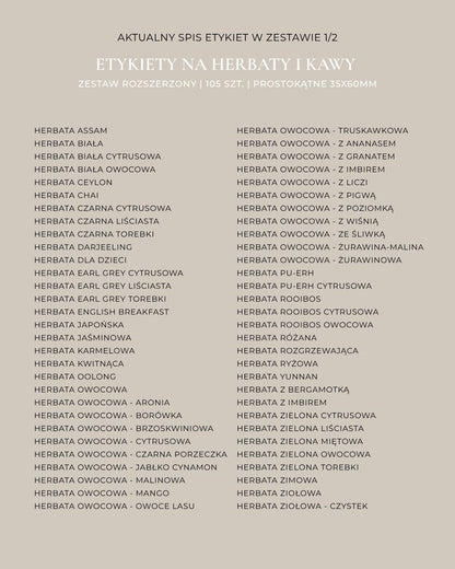 Etykiety na HERBATY I KAWY - 105 szt. | Czarne | Prostokątne