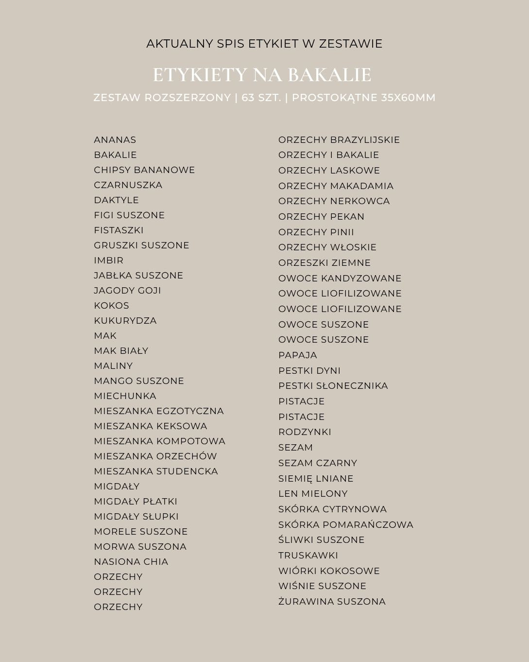 Etykiety na BAKALIE - 63 szt. | Białe | Prostokątne